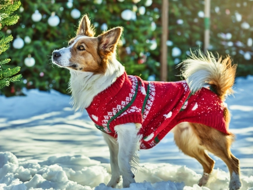 Festive Dog in Sweater FREE Stock Photo, dog,  sweater,  winter picture