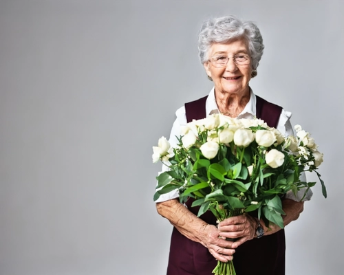 Joyful Elder with Flowers FREE Stock Photo, elderly,  woman,  flowers picture