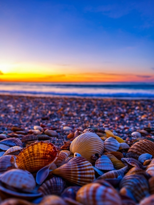 Seashells on Sunset Beach FREE Stock Photo, beach,  sunset,  seashells picture