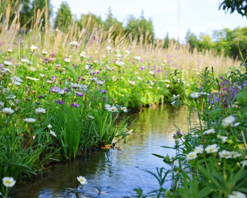 Tranquil Flowering Stream FREE Stock Photo, flowers,  stream,  nature picture